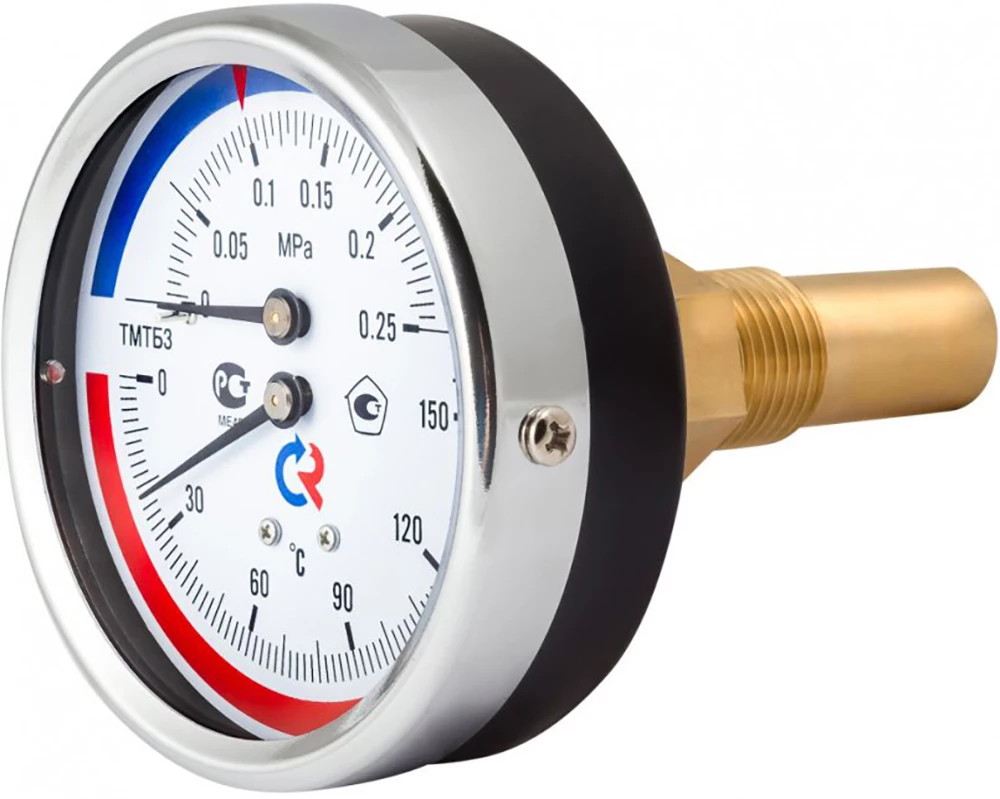 Термоманометр Росма ТМТБ-31Т.1 (0-150°C) (0-2,5MПa) G1/2 2,5, корпус 80мм, тип - ТМТБ-31T.1, длина клапана 46мм, до 150°С, осевое присоединение, 0-2,5MПa, резьба G1/2, класс точности 2.5