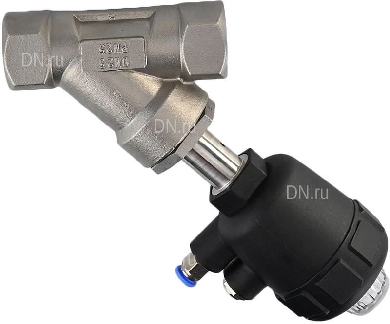 Клапан отсечной пневматический 1″ Ду25 Ру25, корпус - нержавеющая сталь SS316, резьбовой, Y-образный, корпус привода - пластик (VSP3241P-T-1PNC)